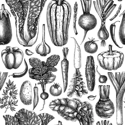 Hand-sketched vegetable seamless pattern. Vector background with healthy food elements in vintage style. Fresh vegetables backdrop for wrapping paper, banner, textile, menu design.